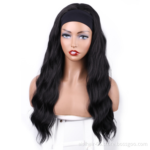 Long black deepwave curly inch good cheap wholesale synthetic headband attached grip wigs black wowen braizilian